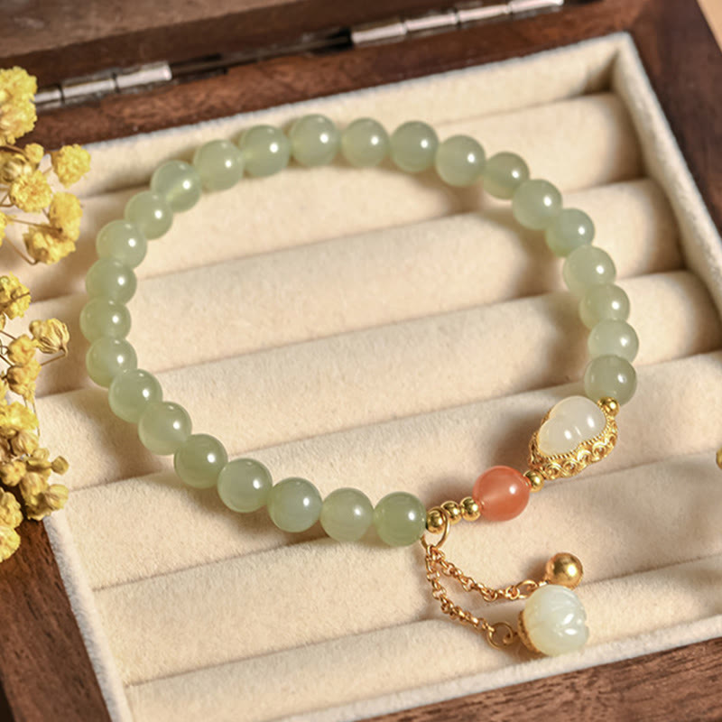Braccialetto portafortuna in argento sterling 925 con giada Hetian e zucca di loto
