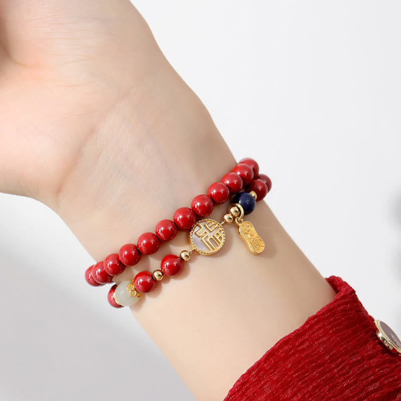 Braccialetto di benedizione a doppio giro con carattere Fu, in argento sterling 925, cinabro e tridacna in pietra Buddha Stones - image 6