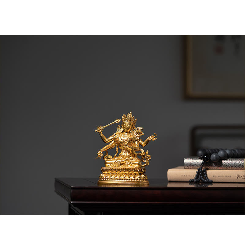 Statua in rame della compassione e serenità del Bodhisattva Manjusri a quattro braccia, statuetta in oro, decorazione per la casa