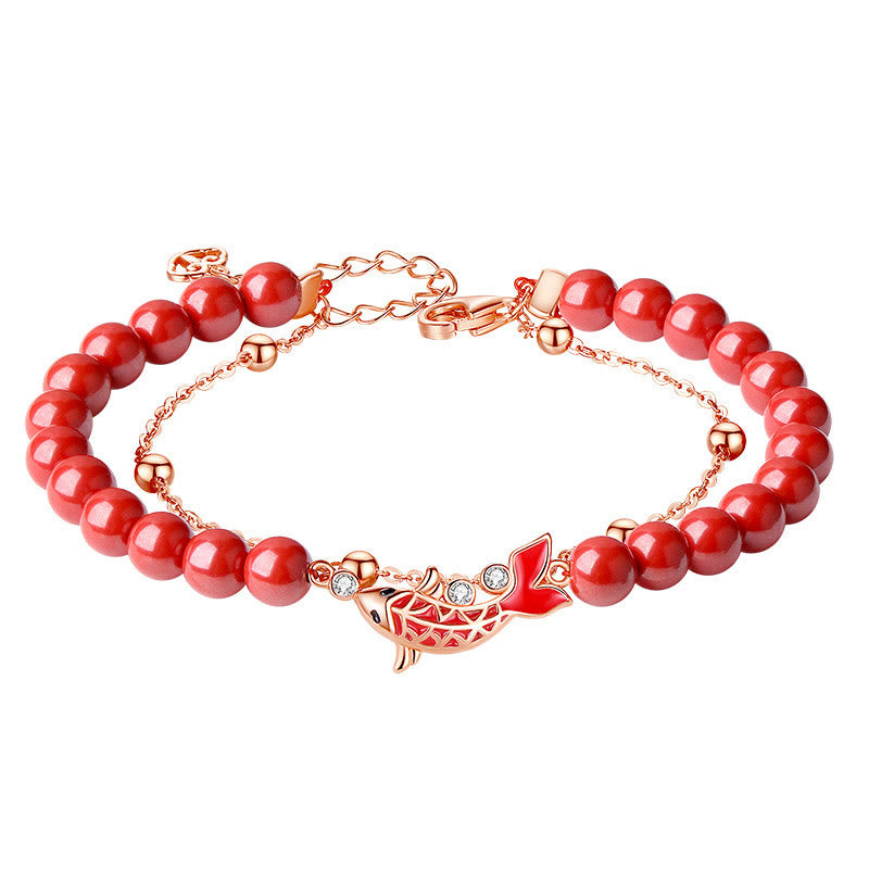 Bracciale a catena a doppio strato con zirconi e cinabro, in argento sterling 925, con pesce koi portafortuna, Buddha Stones