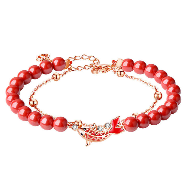 Bracciale a catena a doppio strato con zirconi e cinabro, in argento sterling 925, con pesce koi portafortuna, Buddha Stones