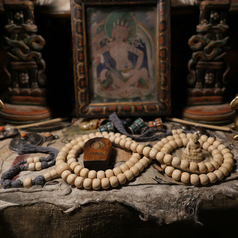 Buddha Stones 108 Mala Perle Abelia Biflora Legno Allontanando gli Spiriti Maligni Polso Mala
