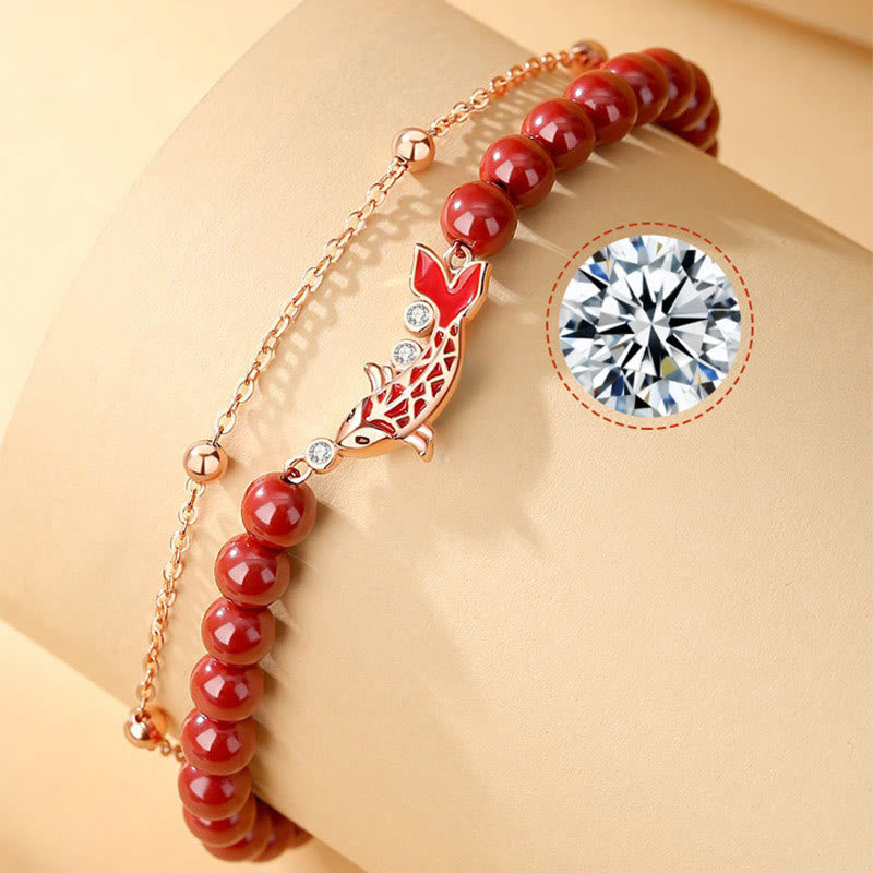 Bracciale a catena a doppio strato con zirconi e cinabro, in argento sterling 925, con pesce koi portafortuna, Buddha Stones