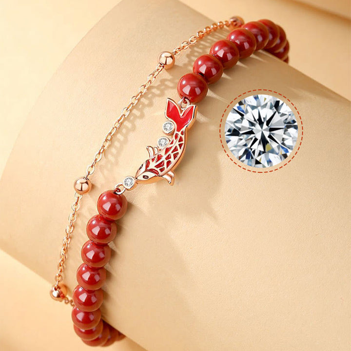 Bracciale a catena a doppio strato con zirconi e cinabro, in argento sterling 925, con pesce koi portafortuna, Buddha Stones