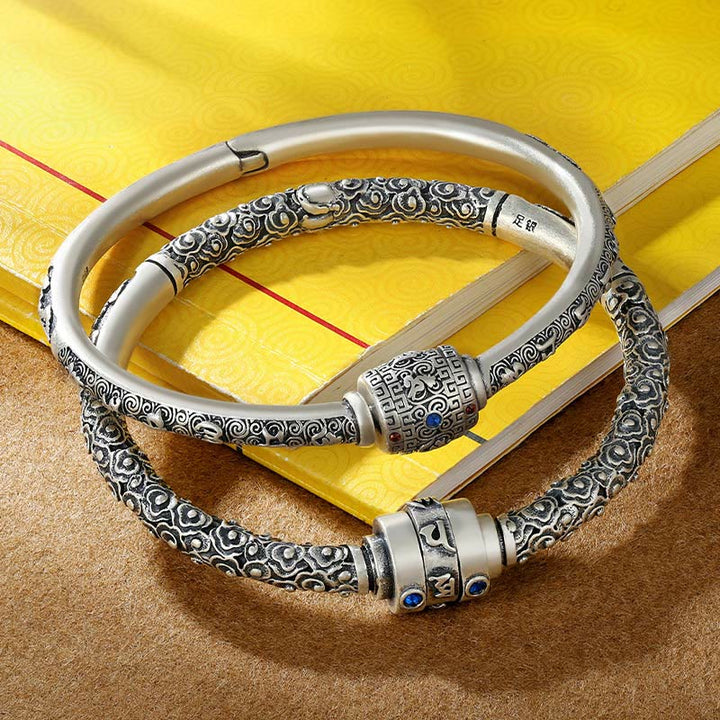 Buddha Stones 990 Sterling Silver Tibetano Auspicious Clouds Om Mani Padme Hum Braccialetto Creatività Inciso