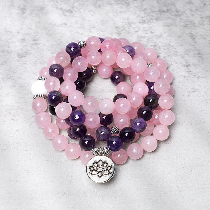 Bracciale con ciondolo di loto in perline di Mala in quarzo rosa naturale e ametista Buddha Stones
