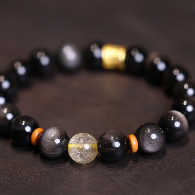 Braccialetto di protezione con perline di cristallo di ossidiana lucida in argento naturale Buddha Stones Om Mani Padme Hum