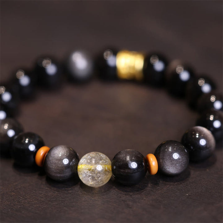 Braccialetto di protezione con perline di cristallo di ossidiana lucida in argento naturale Buddha Stones Om Mani Padme Hum