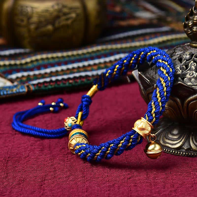Braccialetto con ciondolo a forma di campana della ruota di preghiera tibetana, fatto a mano, con protezione dalla fortuna, Thangka