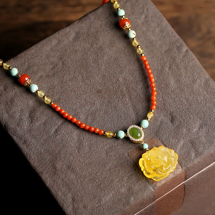 Collana con ciondolo in argento sterling 925 con agata rossa naturale, ambra e peonia, simbolo di fiducia