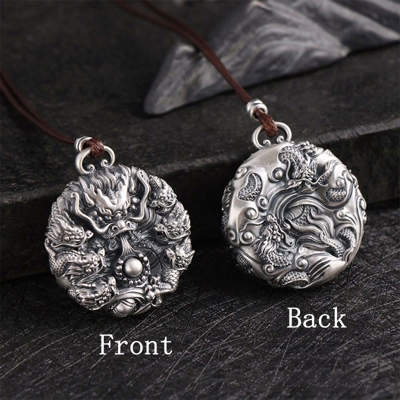 Buddha Stones 999 Sterling Silver Nove Draghi Che Giocano Con Una Perla Collana Pendente Protezione Fortuna