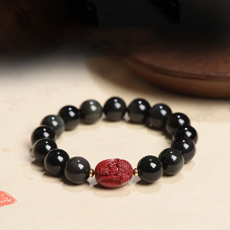 Buddha Stones Zodiaco cinese Buddha natale Ossidiana nera naturale Braccialetto di purificazione Cinabro