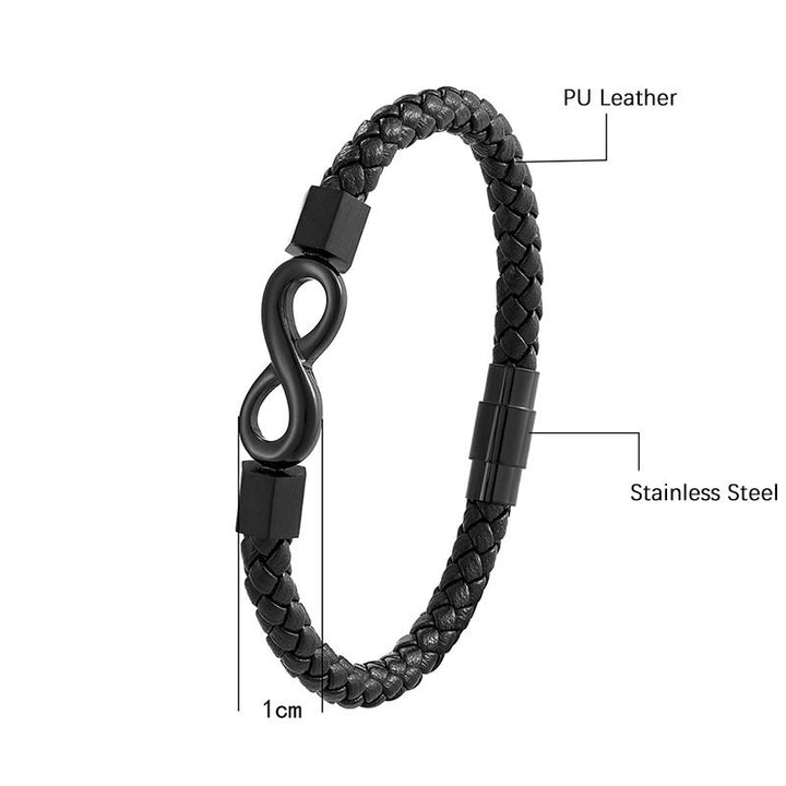 Bracciale Buddha Stones Endless Knot in acciaio al titanio con intreccio in pelle e bilanciamento