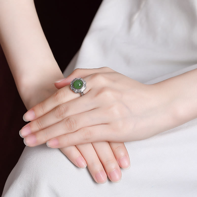Anello regolabile con design a forma di fiore in giada ciano Hetian in argento sterling 925 Buddha Stones