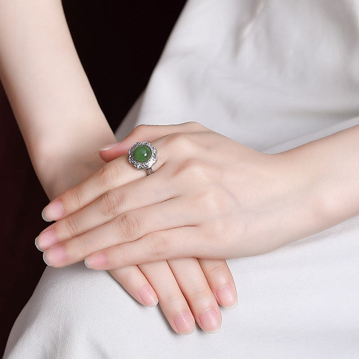 Anello regolabile con design a forma di fiore in giada ciano Hetian in argento sterling 925 Buddha Stones