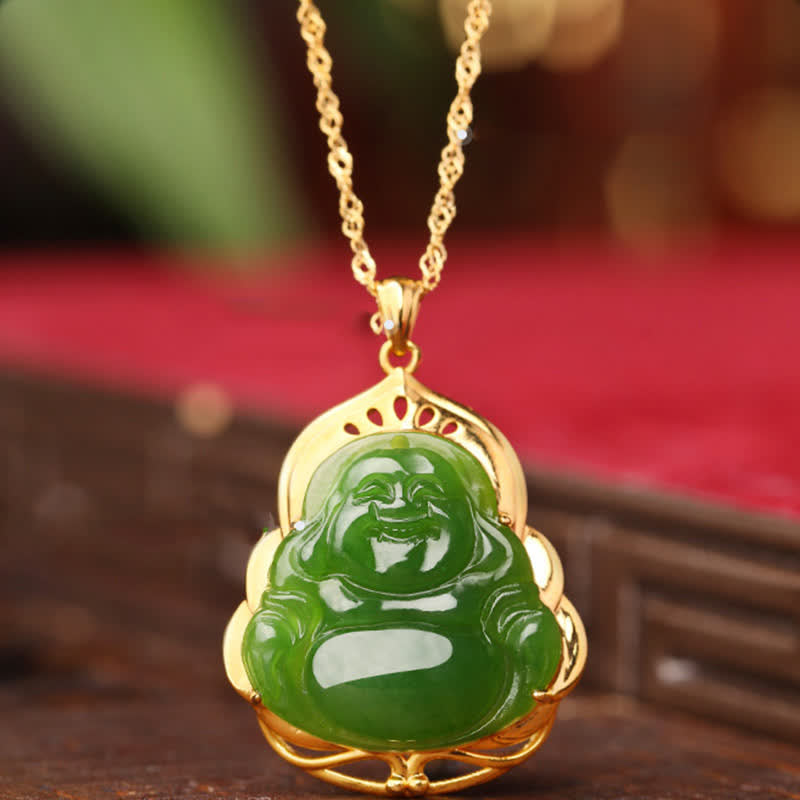 Collana con ciondolo a forma di Buddha che ride in argento sterling 925, giada ciano naturale di Hetian, oro 18 carati, catena di guarigione - Giada Ciano Hetian (Successo ♥ Guarigione) - image 1
