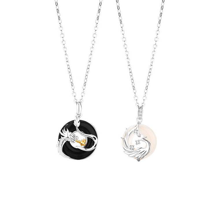Buddha Stones 925 Argento Sterling Anno del Drago Onice Nero Naturale Calcedonio Drago Fenice Pace Fibbia Collana Pendente di Protezione