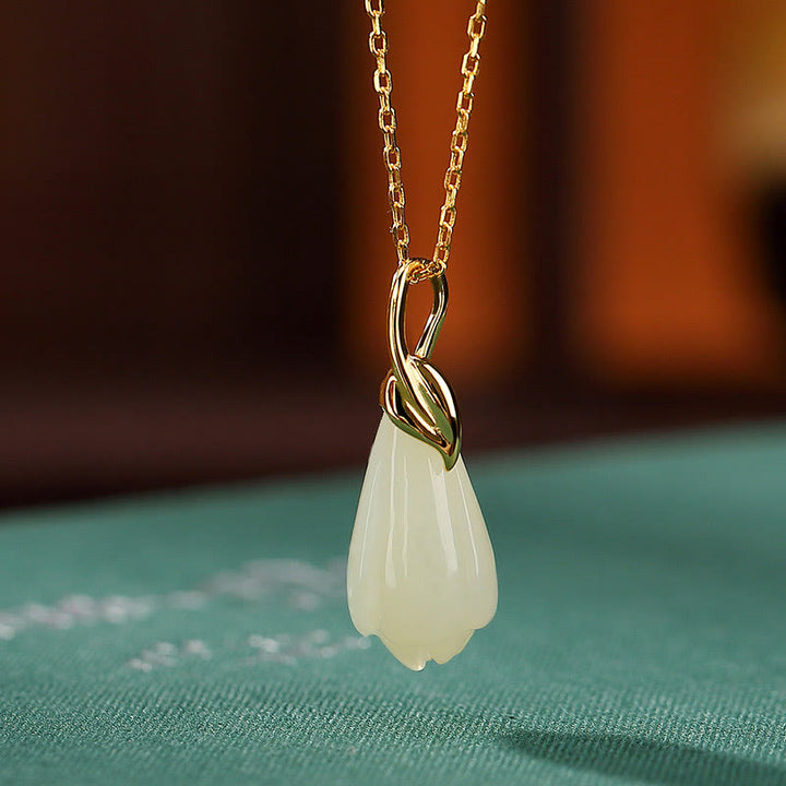 Collana con Buddha Stones in giada Hetian naturale, ciondolo con fiore di magnolia, ciondolo in argento sterling 925 placcato oro