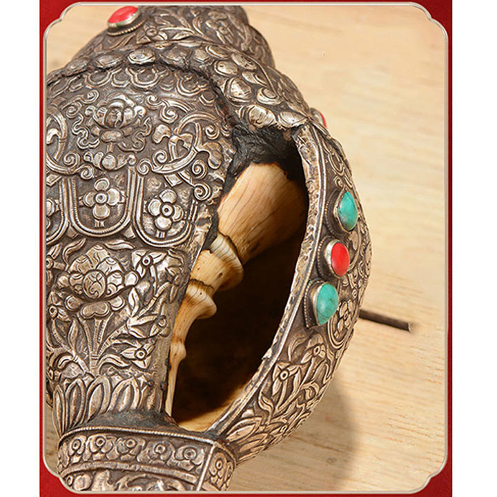 Tibetano fatto a mano naturale Shankha inciso otto simboli di buon auspicio conchiglia fortunata decorazione per la casa - image 8