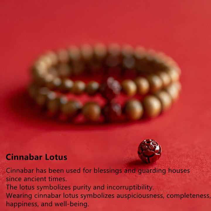 Braccialetto Buddha Stones Peach Wood Lotus Cinnabar Luck Wealth