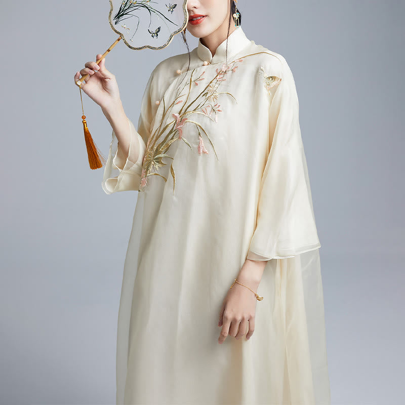 Buddha Stones 100% seta di gelso 6 momme abito vintage fiore farfalla ricamo qipao abito cheongsam da donna - image 1