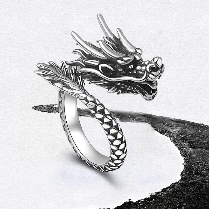 Anello regolabile Buddha Stones 990 Sterling Silver Vintage Dragon Design Luck Protection Strength