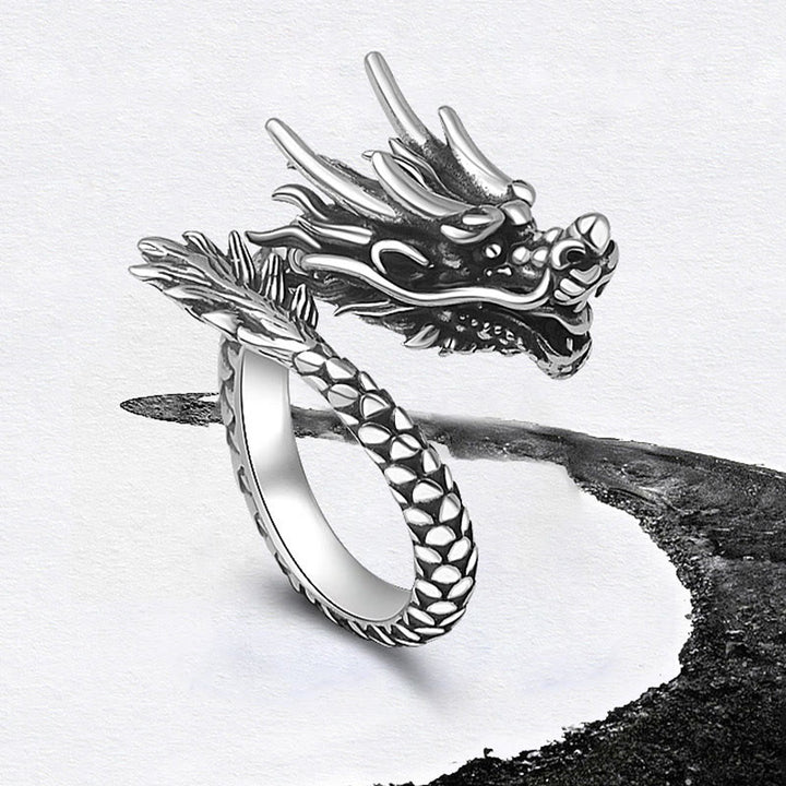 Anello regolabile Buddha Stones 990 Sterling Silver Vintage Dragon Design Luck Protection Strength