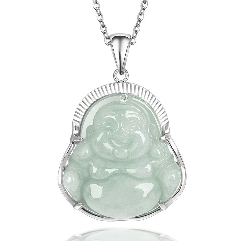 Collana con Buddha Stones in argento sterling 925 con ciondolo a forma di Buddha che ride, in giada, con fortuna e calma - Giada - image 1
