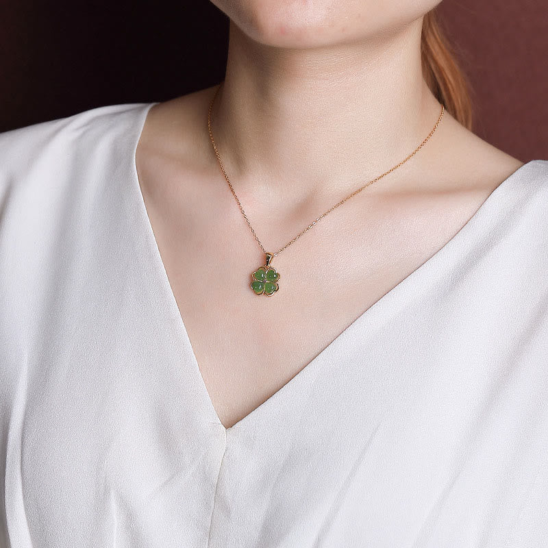 Collana con ciondolo a forma di quadrifoglio fortunato con Buddha Stones in argento sterling 925, giada ciano Hetian, guarigione
