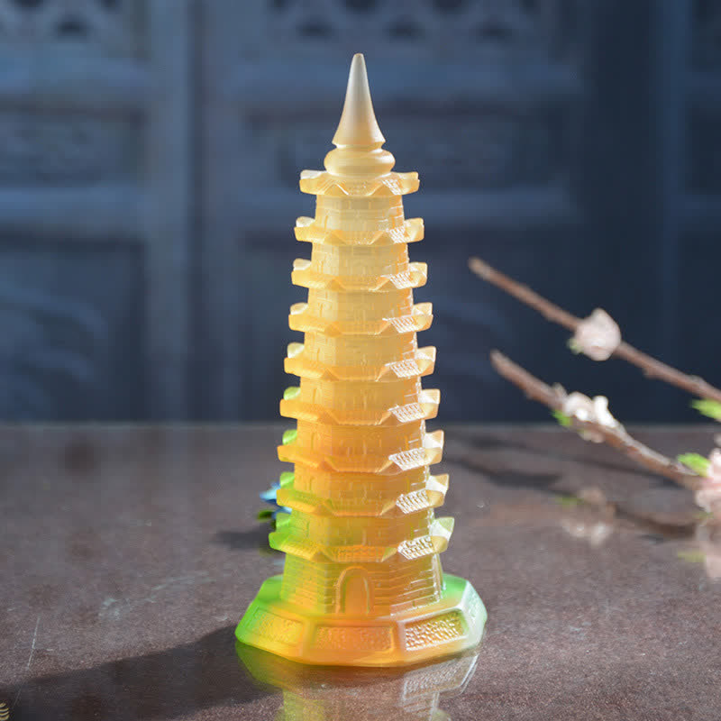 Torre di Wenchang Feng Shui fatta a mano in cristallo Liuli Pagoda Pezzo d'arte Fortuna Decorazione per ufficio in casa