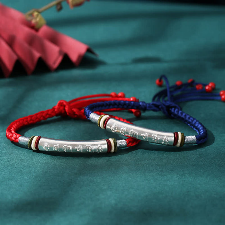 Braccialetto di corda di protezione e forza Om Mani Padme Hum in argento sterling 999 Buddha Stones