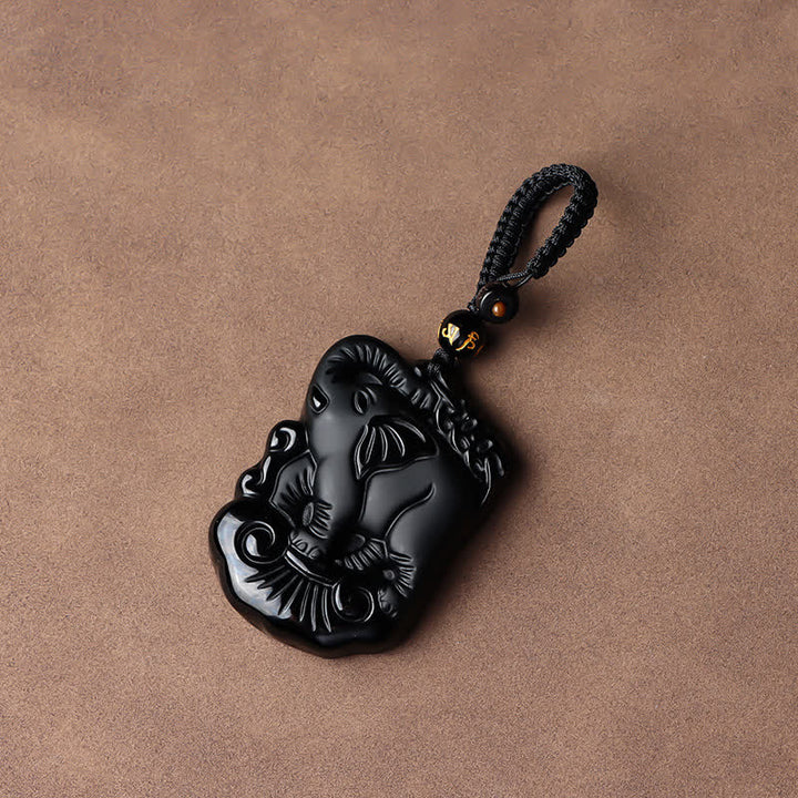 Collana con ciondolo portachiavi in corda di protezione per elefante in ossidiana nera