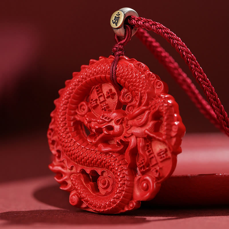 Collana con ciondolo portafortuna in argento sterling 925, con monete di rame e cinabro naturale, anno del drago , Buddha Stones