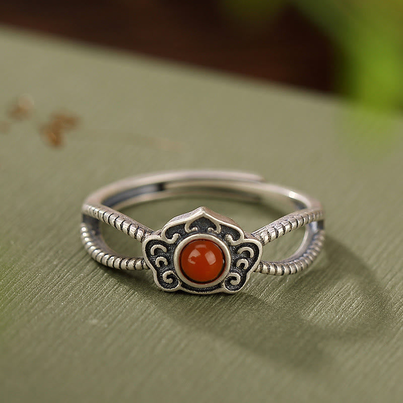 Anello di pensiero logico con perline di agata rossa in argento sterling 925 Buddha Stones