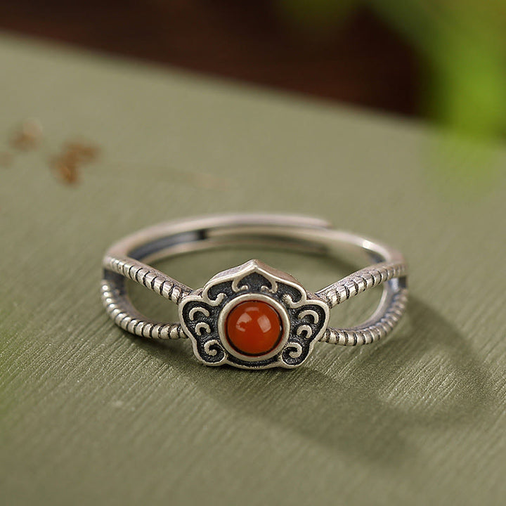 Anello di pensiero logico con perline di agata rossa in argento sterling 925 Buddha Stones