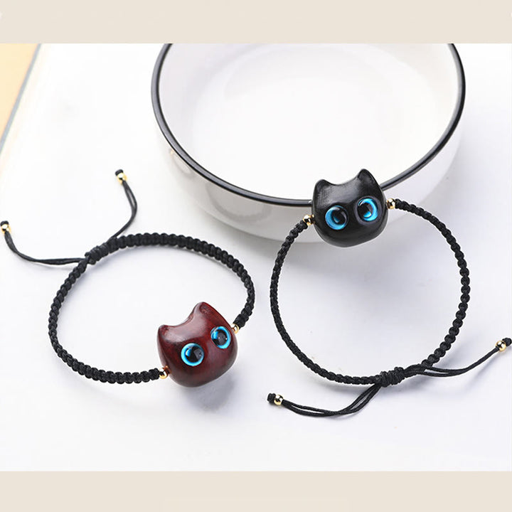 Braccialetto intrecciato con testa di gatto, piccola foglia, sandalo rosso, ebano, protezione calma, Buddha Stones - image 19