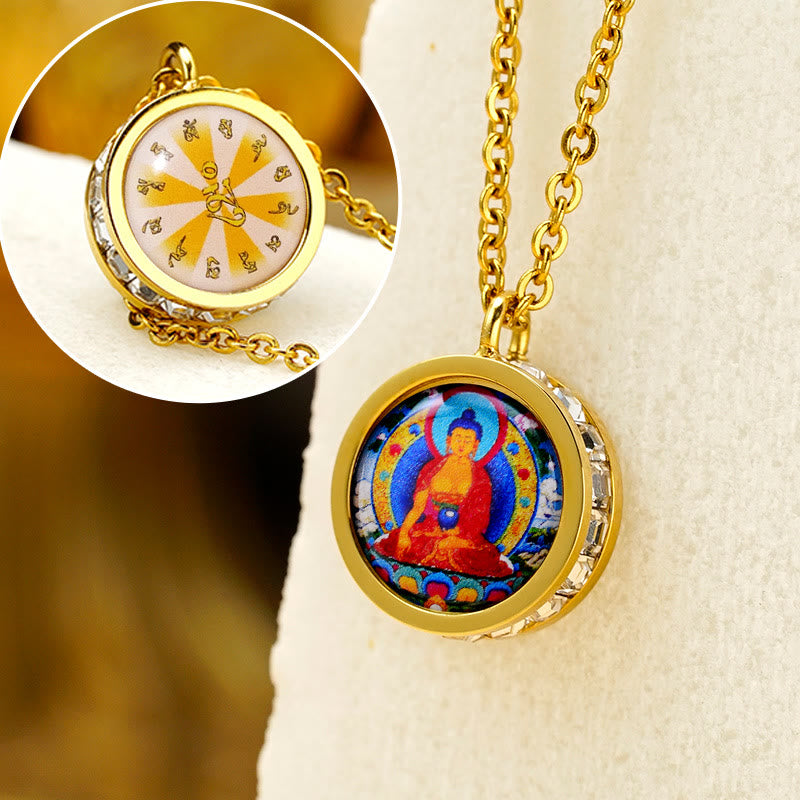 Buddha Stones Tibetano Giallo Dio della Ricchezza Tara Verde Buddha Serenity Collana Pendente in Acciaio al Titanio - Mantra anteriore del Buddha Sakyamuni posteriore - image 15