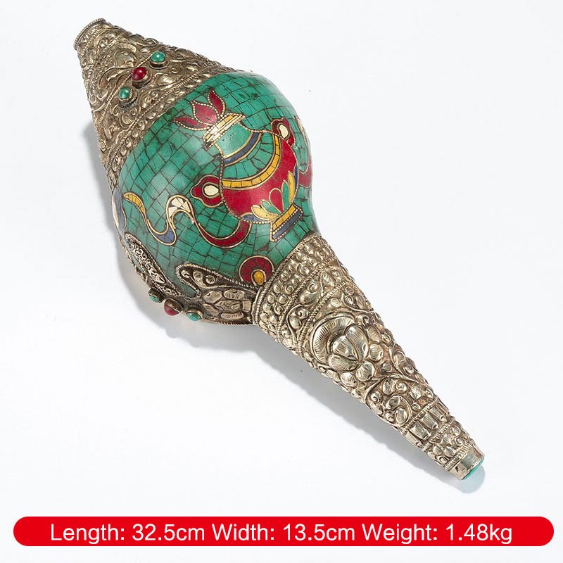Decorazione positiva della ricchezza della conchiglia del Buddha Shankha Double Dorje incisa a mano tibetana - Vaso con otto simboli di buon auspicio, 32,5*13,5 cm - image 13
