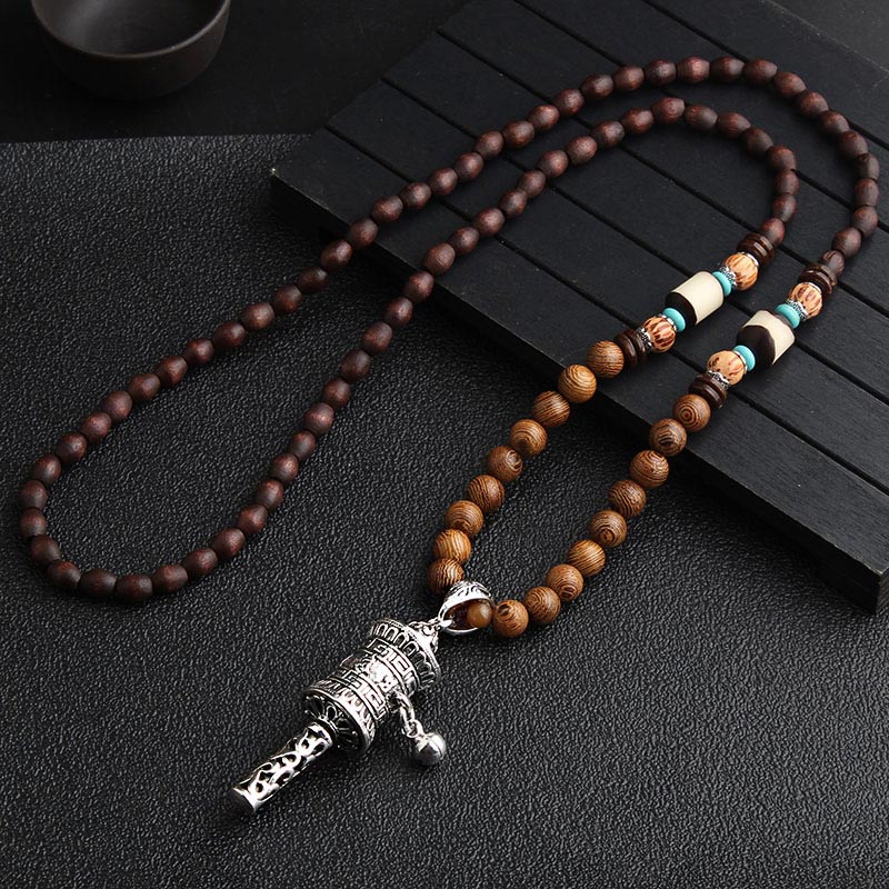 Collana di meditazione in legno di wenge con perline di Dzi in turchese Buddha Stones - Ruota di preghiera d'argento - image 7