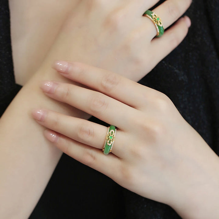 Anello Buddha Stones in calcedonio verde naturale placcato oro 18K
