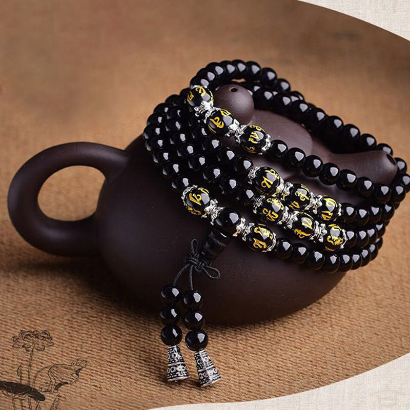Bracciale Mala di protezione con sei vere parole in ossidiana nera Buddha Stones