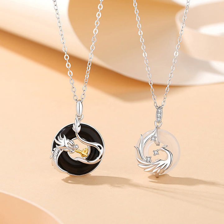 Buddha Stones 925 Argento Sterling Anno del Drago Onice Nero Naturale Calcedonio Drago Fenice Pace Fibbia Collana Pendente di Protezione