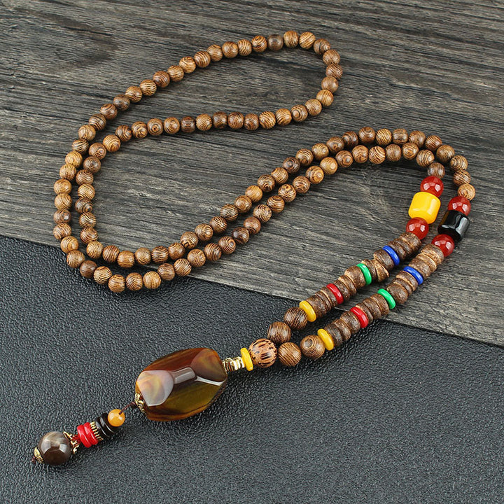 Buddha Stones Tibetano Legno Wenge Bodhi Seme Agata Equilibrio Pace Collana Pendente