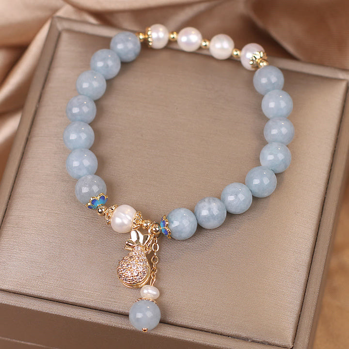 Braccialetto con ciondolo Buddha Stones Aquamarine Pearl Fortune Money Bag