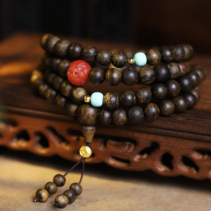 Buddha Stones 108 Mala Beads Agarwood Agata rossa Turchese Braccialetto di meditazione della pace