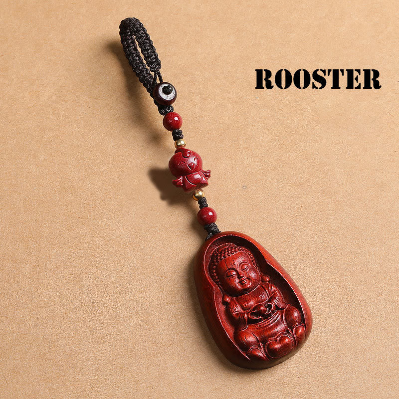 Buddha Stones Piccola foglia Sandalo rosso Buddha Cinabro Zodiaco cinese Amuleto Protezione Portachiavi