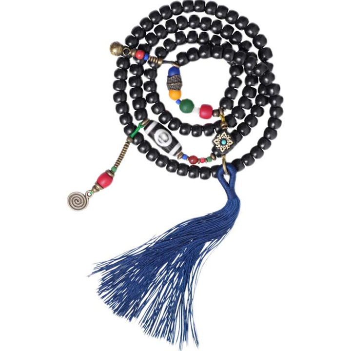 Buddha Stones 108 Perline Mala Legno di Ebano Dzi Perline Rame Braccialetto con Nappa