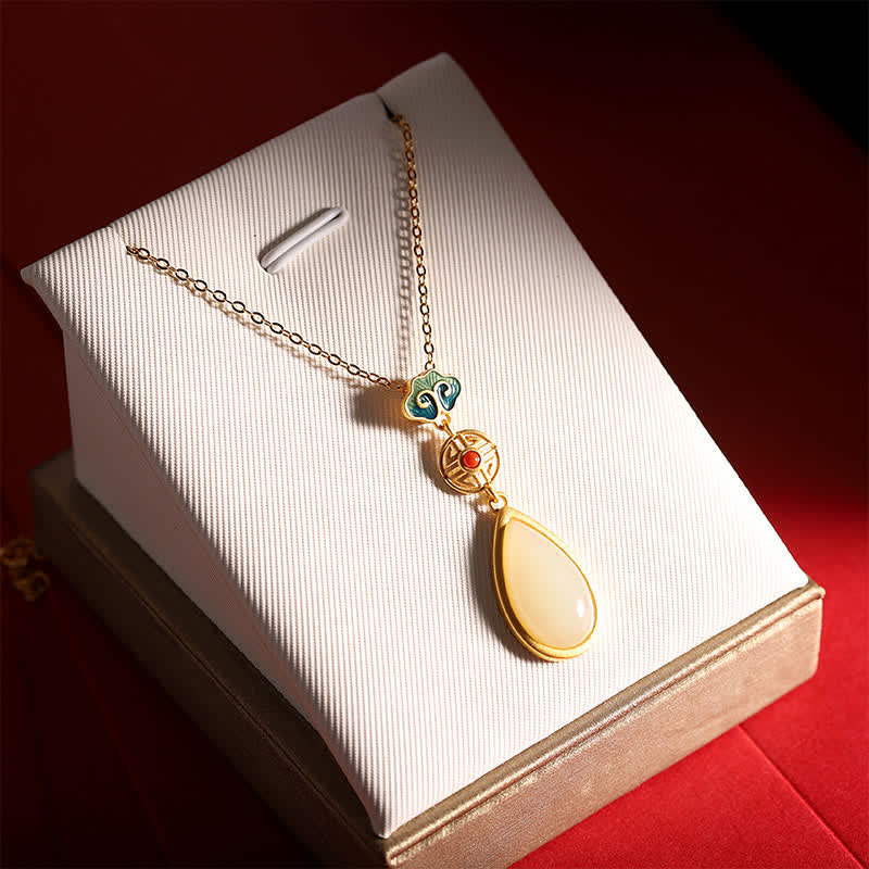 Collana con ciondolo a forma di goccia d'acqua in argento sterling 925 con giada bianca Hetian e bracciale