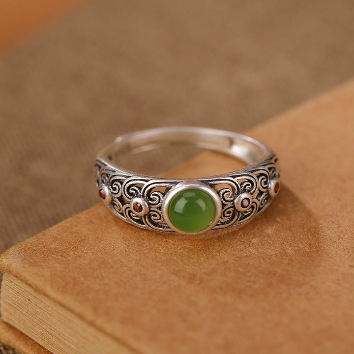 Anello regolabile in argento sterling 925 Buddha Stones e giada ciano Hetian Harmony