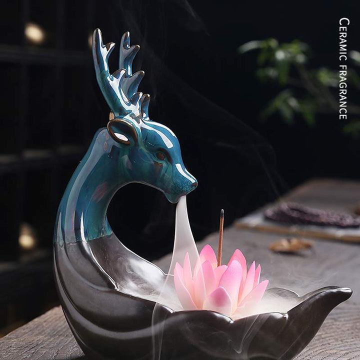 Buddha Stones Piccolo Cervo Ceramica Loto Meditazione Bruciatore Incenso Decorazione